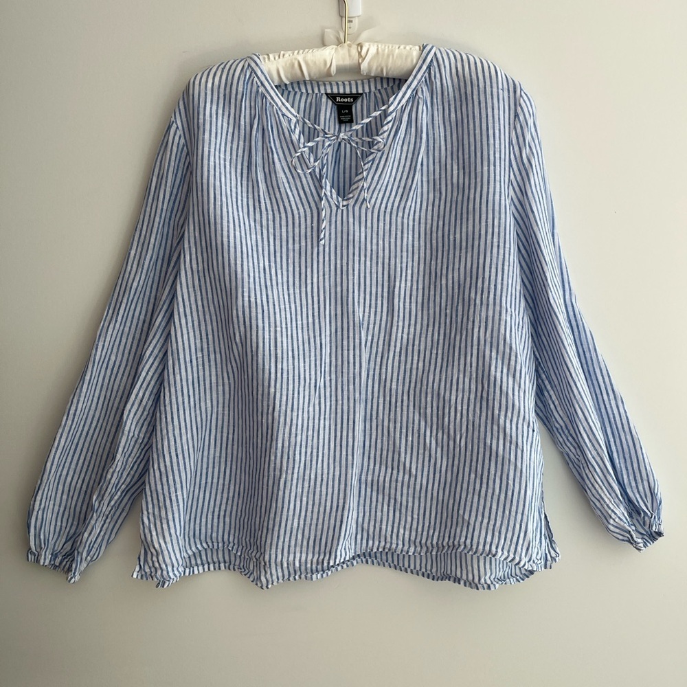 ROOTS 100% Linen Tie Neck Top Long Sleeve Relaxed Fit Blue White Stripe Coastal